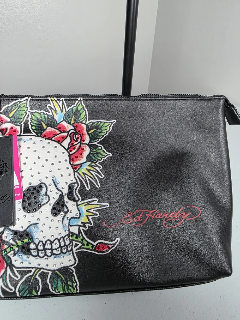 Ed Hardy Black Cosmetic Pouch with Skull & Red Rose Graphic